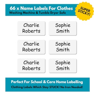 66 x Etichette con nome per la cura della casa e della scuola Etichette per abbigliamento per bambini - Etichette adesive per vestiti lavabili Etichette adesive super adesive impermeabili