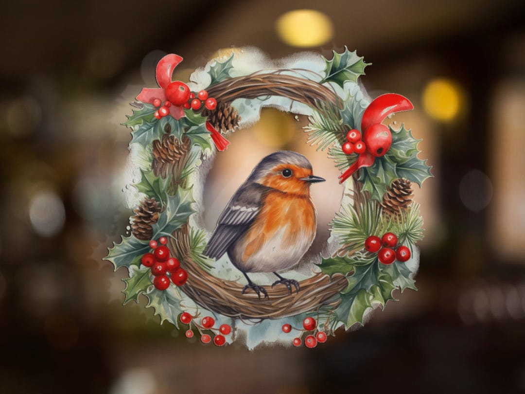 Robin in Wreath Christmas Window Stickers | Removable Xmas Window ...