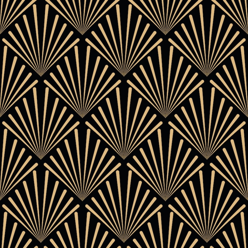 May include: A seamless pattern with a geometric design of gold fans on a black background.