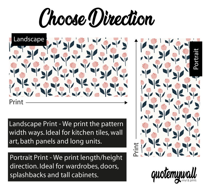 May include: A graphic showing two different ways to print a floral pattern. The pattern features pink flowers with dark blue stems and leaves on a white background. The text "Choose Direction" is at the top of the graphic. The text "Landscape Print" is below the first pattern and the text "Portrait Print" is below the second pattern. The text "Landscape Print - We print the pattern width ways. Ideal for kitchen tiles, wall art, bath panels and long units." is below the first pattern. The text "Portrait Print - We print length/height direction. Ideal for wardrobes, doors, splashbacks and tall cabinets." is below the second pattern. The text "quotemywall vinyl & prints" is at the bottom of the graphic.