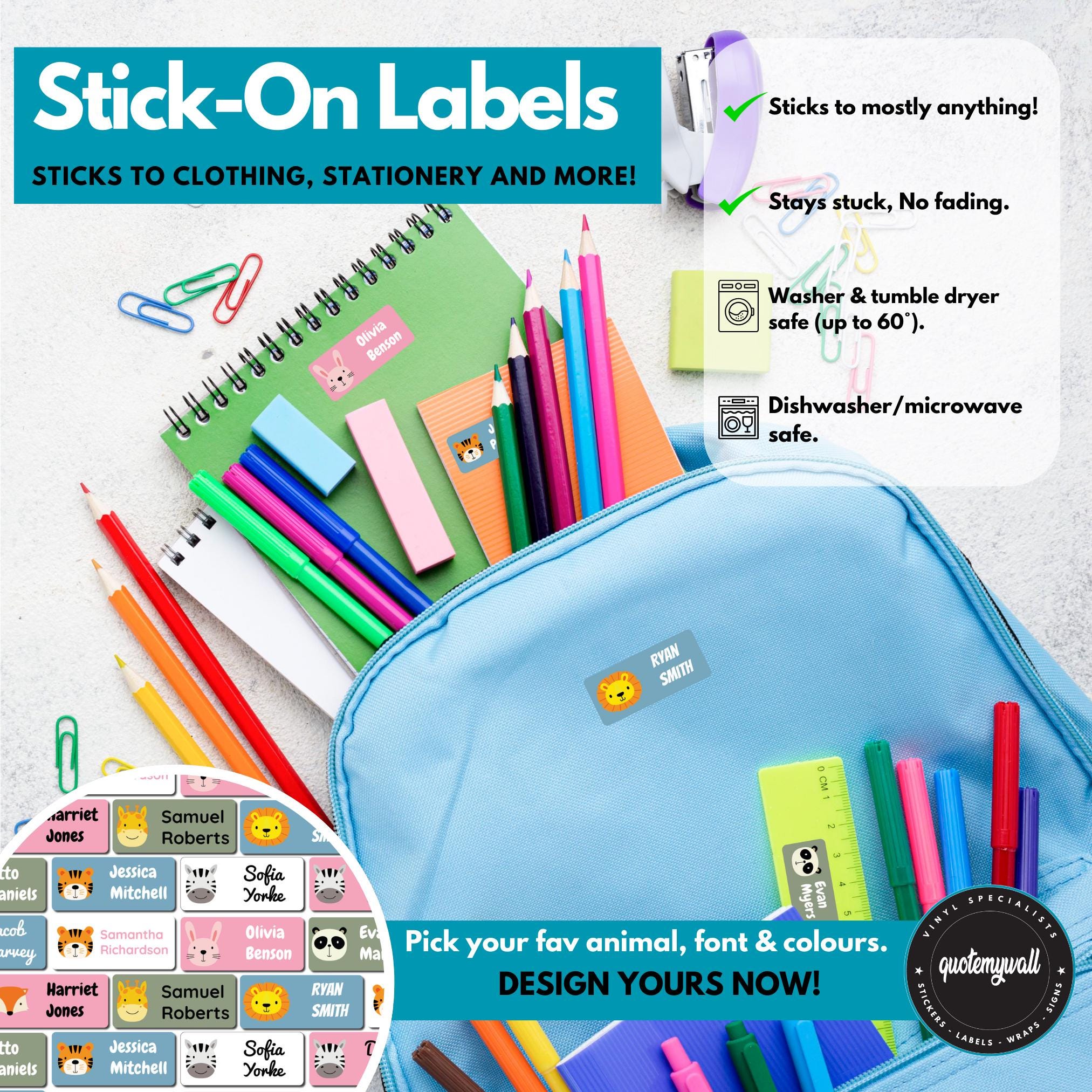 84x Washable Clothes Labels Stick On | Personalized Kids Name Tags for School Uniform | Waterproof Durable No Iron Stickers