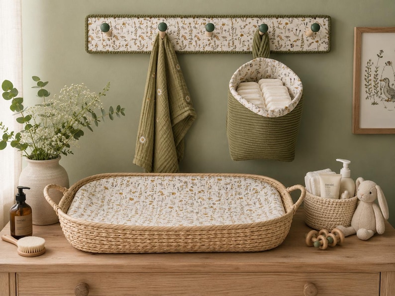 Puede incluir: Un cambiador en cesta trenzada rectangular con forro de estampado floral, un perchero de pared con tela floral, una bolsa de almacenamiento colgante verde oliva, una toalla de muselina verde oliva, una cesta crema con art&iacute;culos de aseo y un peluche.