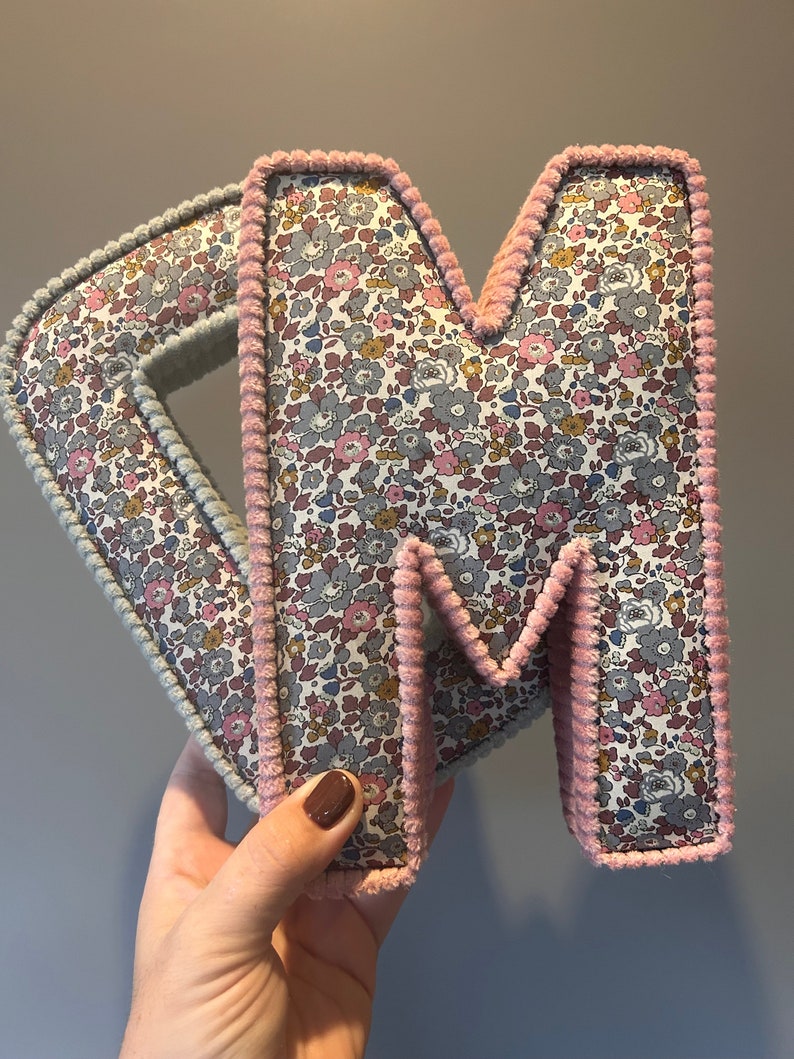 betsy ann fabric.
C in with a mint corduroy trim and the M is with a dusty pink corduroy trim.