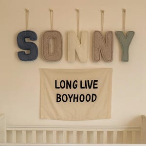 May include: Five plush, fabric-covered letters spelling SONNY in blue, tan, cream, and sage green, each hanging from a cord. Below, a rectangular cream-colored fabric banner features the black text LONG LIVE BOYHOOD in a sans-serif font.