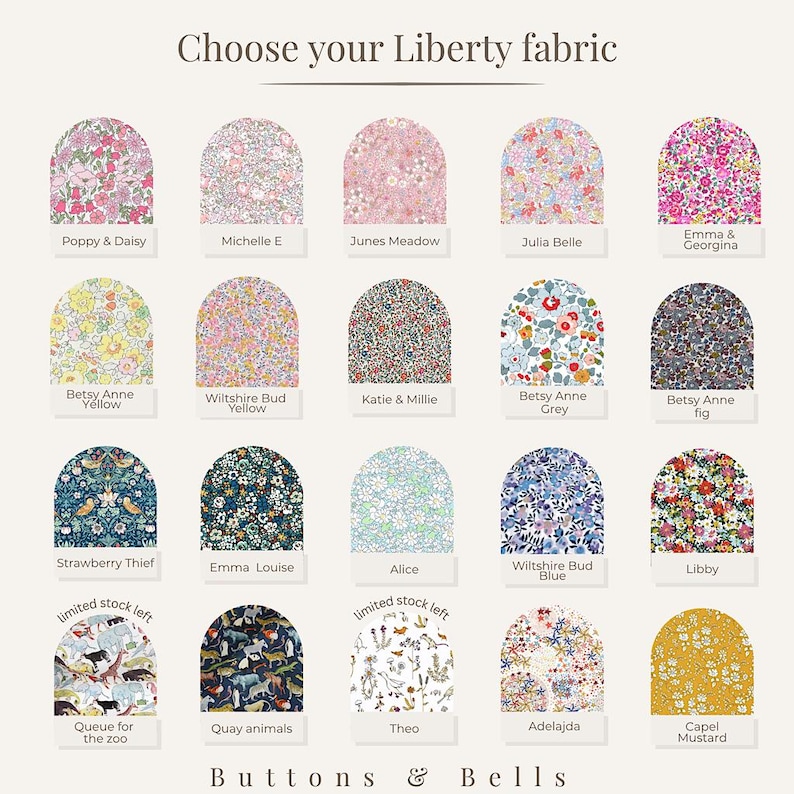 Puede incluir: Una cuadr&iacute;cula de veinte muestras de tela con patrones florales y de animales, etiquetadas con nombres como Poppy & Daisy, Michelle E y Strawberry Thief. El encabezado dice Choose your Liberty fabric y el pie de p&aacute;gina Buttons & Bells.