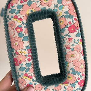 letter O in betsy rhubarb liberty London fabric with teal corduroy trim