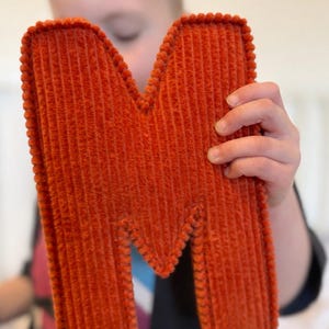 Puede incluir: Una letra "M" de pana naranja con un borde cosido. La letra se sostiene, mostrando su superficie texturizada y su color vibrante. La tela de pana tiene estrías verticales.
