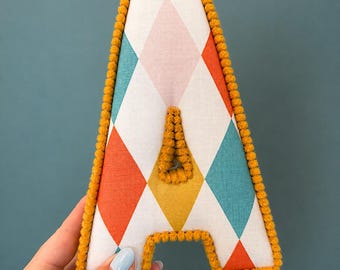 Personalised Harlequin Nursery Letters: Handmade Fabric Initials, Corduroy Trim (Baby Shower Gift)