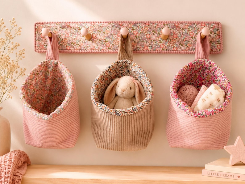 Puede incluir: Un perchero de pared con cinco perillas de madera, cubierto con una tela floral rosa. Tres bolsas de almacenamiento de tela cuelgan de las perillas. Las bolsas tienen un exterior de pana rosa y un forro interior con estampado floral.