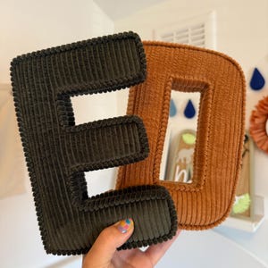 May include: Two corduroy letters, "E" in dark green and "D" in orange, are displayed. The letters are plush and have a ribbed texture. The background includes a white wall and decorative elements.