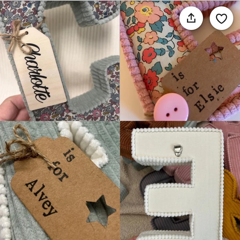 May include: Four fabric letters with brown paper tags attached. The letters are C, A, E, and E. The tags are decorated with a star and the text "Charlotte is for Alvey" and "is for Elsie".