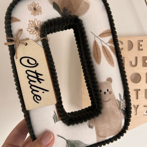 Personalised woodland themed fabric letters with wooden name plaque swing tag