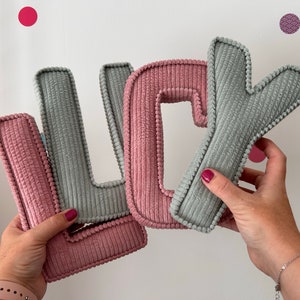 A whole name looks really effective a statement piece!

L & C in dusty pink corduroy.
U & Y in mint corduroy