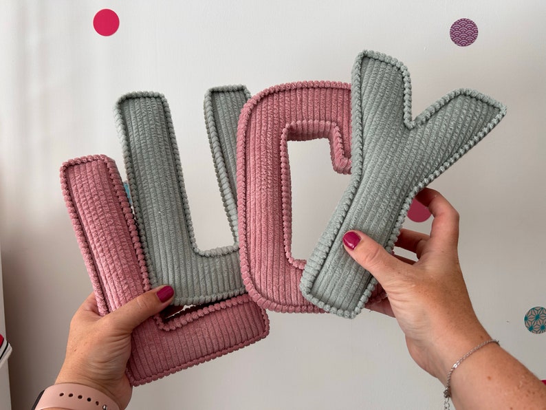 A whole name looks really effective a statement piece!

L & C in dusty pink corduroy.
U & Y in mint corduroy