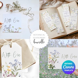 May include: A botanical stationery bundle featuring cards, tags, and bookmarks with floral designs. The cards and tags have the text "With Love". The bookmarks are placed in an open book. The bundle includes an editable Canva template.