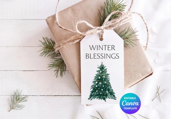 Winter Blessings Gift Tag Canva Template | Christmas Tree Gift Tag | Editable Winter Gift Tag | Printable Christmas Label