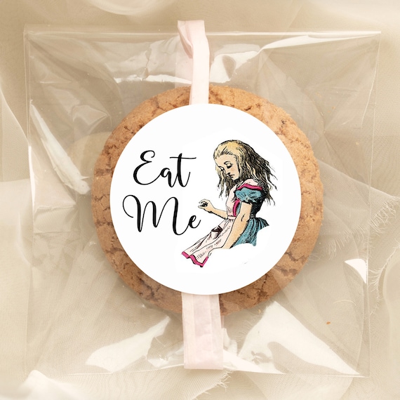 Eco friendly Alice in Wonderland Stickers, sustainable circular stickers, round Wonderland stickers, Eat Me stickers, Cookie stickers