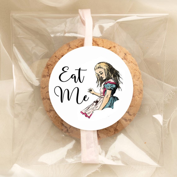 Eco friendly Alice in Wonderland Stickers, sustainable circular stickers, round Wonderland stickers, Eat Me stickers, Cookie stickers