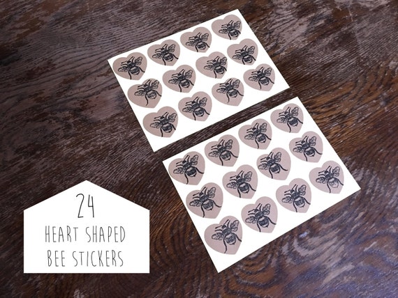 Bee sticker 24 heart shaped brown Kraft paper stickers hand printed