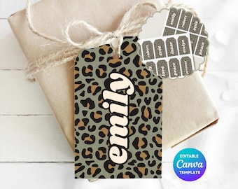 Green Leopard Print Name Tag | Personalised Name Label Template | Editable Canva Gift Tag | Classroom Name Tag | Custom Personalised Label