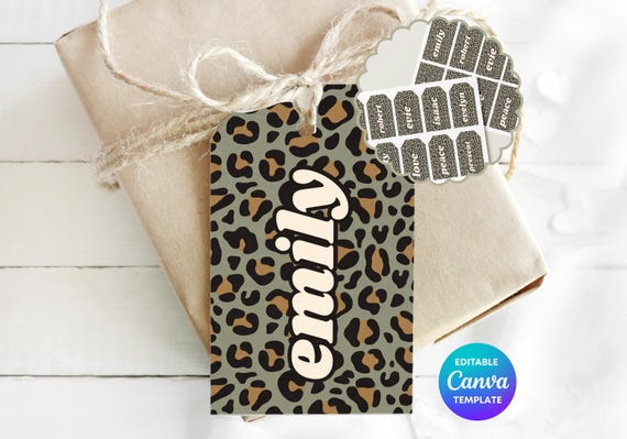 Green Leopard Print Name Tag | Personalised Name Label Template | Editable Canva Gift Tag | Classroom Name Tag | Custom Personalised Label