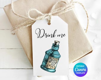 Alice in Wonderland Drink Me Bottle Tag | Editable Floral Party Favor (Digital Download)