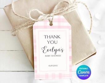 Pink Gingham Baby Shower Gift Tag Template | Printable Baby Shower Thank You Tag | Editable Canva Baby Girl Gift Label | Cute Gingham Tag