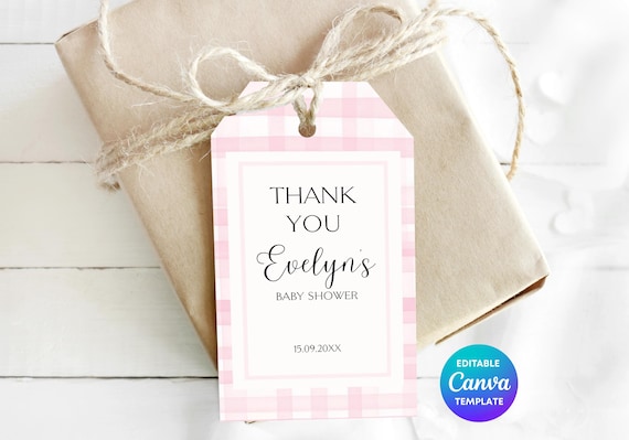 Pink Gingham Baby Shower Gift Tag Template | Printable Baby Shower Thank You Tag | Editable Canva Baby Girl Gift Label | Cute Gingham Tag