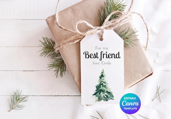 Personalised Best Friend Gift Tag Canva Template | Watercolour Pine Tree Gift Tag | Editable Christmas Gift Tag | Printable
