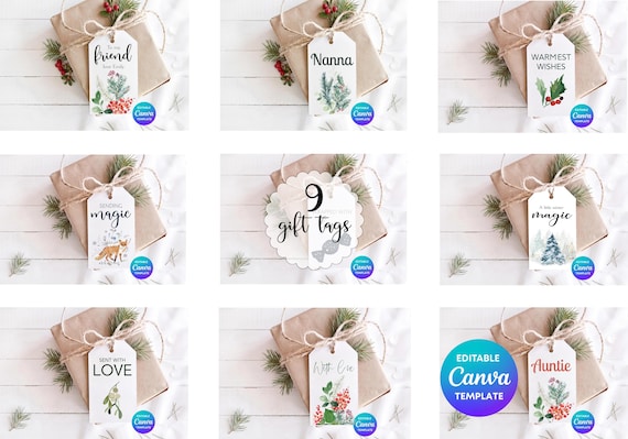 Christmas Gift Tags Bundle | 9 Editable Festive Gift Tags | Winter Foliage, Fox & Mistletoe | Printable Canva Templates