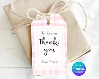 Pink Gingham Thank You Gift Tag Template | Editable Canva Printable Thank You Tag | Cute Cottagecore Gift Label | Custom Colour Tag