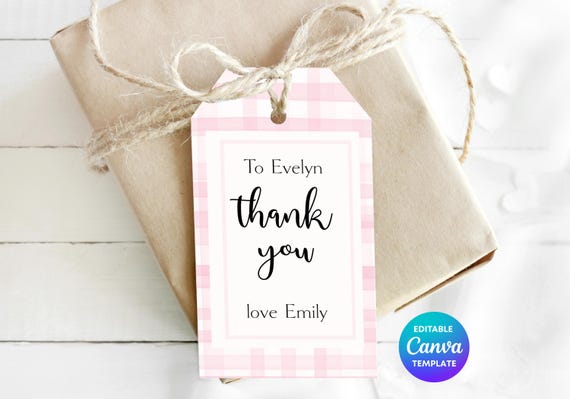 Pink Gingham Thank You Gift Tag Template | Editable Canva Printable Thank You Tag | Cute Cottagecore Gift Label | Custom Colour Tag