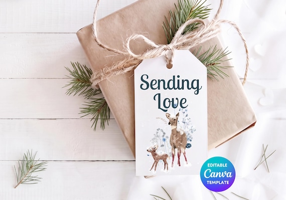 Sending Love Gift Tag Canva Template | Deer & Fawn Gift Tag | Editable Christmas Gift Tag | Printable Winter Label