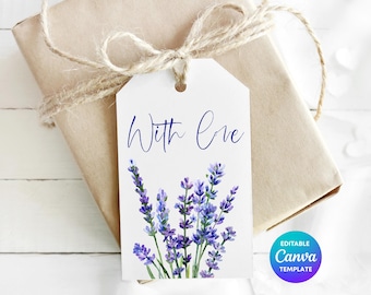 Etiqueta de regalo personalizada de lavanda para imprimir/editar en Canva / Etiqueta floral de agradecimiento / Plantilla de etiqueta de regalo botánica / Etiqueta de flor morada