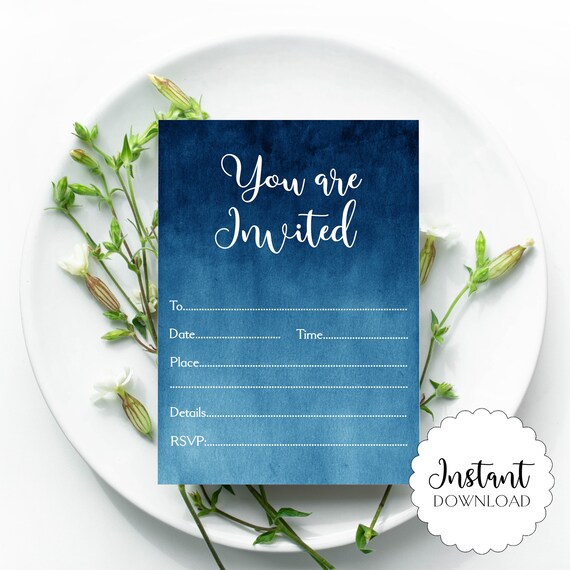 Blue Ombre Invitation Digital Download, Ombre invite, Blue Printable Invite, Invite To Print, Smoke effect invite Instant Digital Download