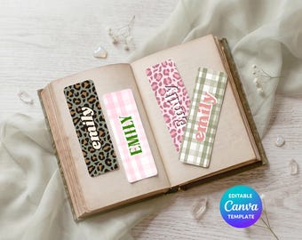 Leopard & Gingham Printable Bookmarks | Editable Canva Bookmark Template | Party Favour Bookmarks | Pink and Green Printable Bookmarks