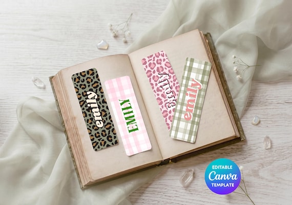 Leopard & Gingham Printable Bookmarks | Editable Canva Bookmark Template | Party Favour Bookmarks | Pink and Green Printable Bookmarks