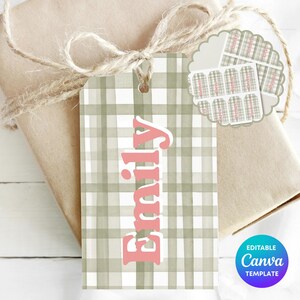 Puede incluir: Una etiqueta de regalo rectangular con un patrón de cuadros en color verde salvia y blanco, con el nombre Emily impreso verticalmente en una fuente rosa llamativa. La etiqueta tiene un orificio superior para colgar y se muestra junto a una hoja de etiquetas a juego.