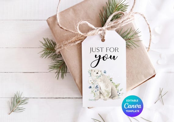 Just For You Gift Tag Canva Template | Polar Bear Gift Tag | Editable Winter Gift Tag | Printable Christmas Label