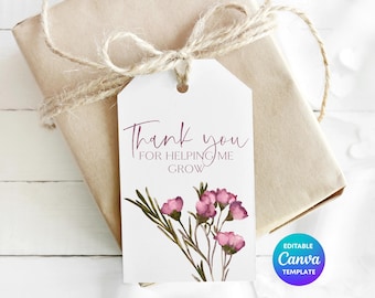 Thank You For Helping Me Grow Gift Tag Template | Floral Teacher Tag | Editable Canva Appreciation Gift Label | Botanical ThankYou Tag