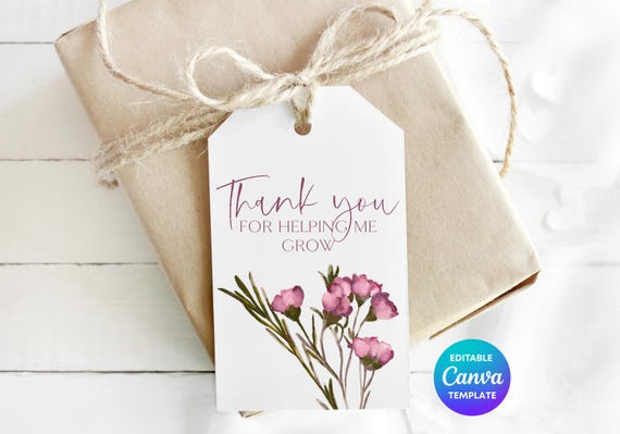 Thank You For Helping Me Grow Gift Tag Template | Floral Teacher Tag | Editable Canva Appreciation Gift Label | Botanical ThankYou Tag