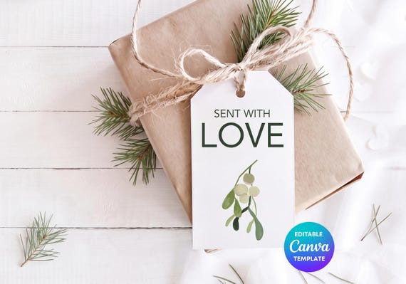 Sent with love Gift Tag Canva Template | Hand Drawn Mistletoe Gift Tag | Editable Christmas Tag | Printable Gift Label