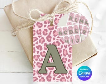 Pink Leopard Print Initial Gift Tag | Personalised Monogram Gift Tag | Editable Canva Template | Retro Pink Gift Label | Printable Gift Tag