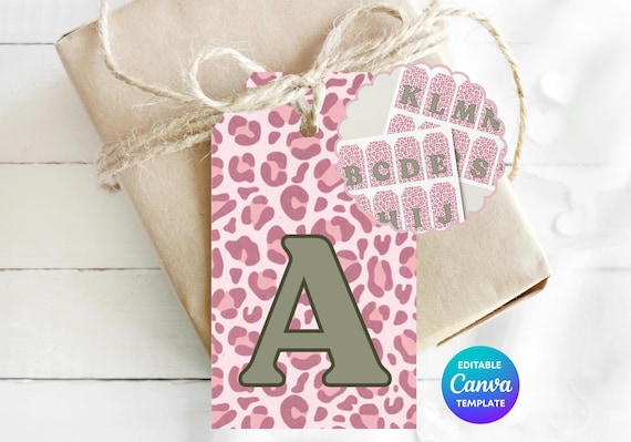 Pink Leopard Print Initial Gift Tag | Personalised Monogram Gift Tag | Editable Canva Template | Retro Pink Gift Label | Printable Gift Tag