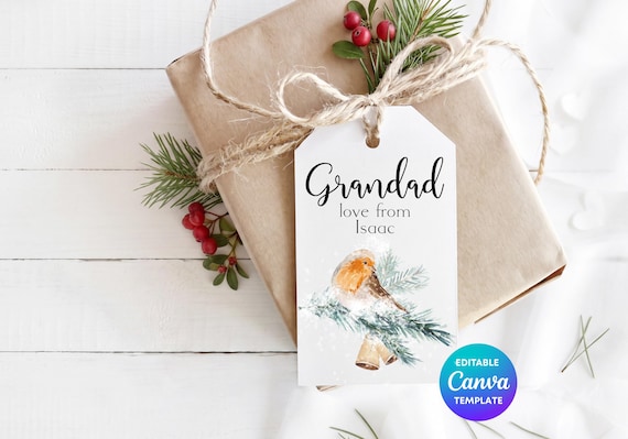 Personalised Robin Gift Tag | Grandad Gift Tag | Christmas Robin Gift Tag | Custom Robin Gift Label | Woodland Nature Tag  |  Canva template