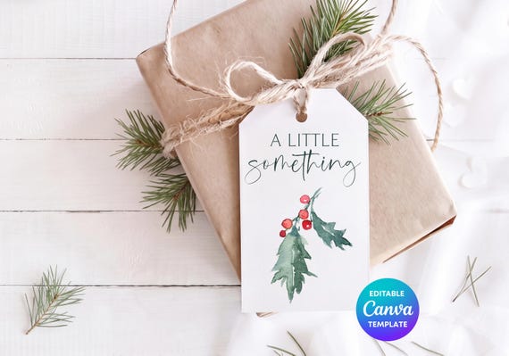 A Little Something Gift Tag Canva Template | Watercolour Holly Gift Tag | Editable Christmas Tag | Printable Gift Label