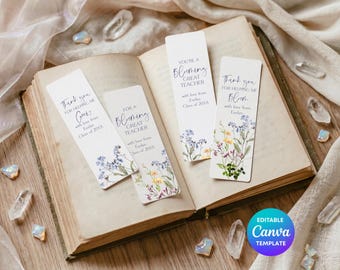 Teacher Gift Bookmark Template | Printable Teacher  Thanks Bookmark | Editable Canva End of Term Teacher Gift | Personalised Floral Bookmark