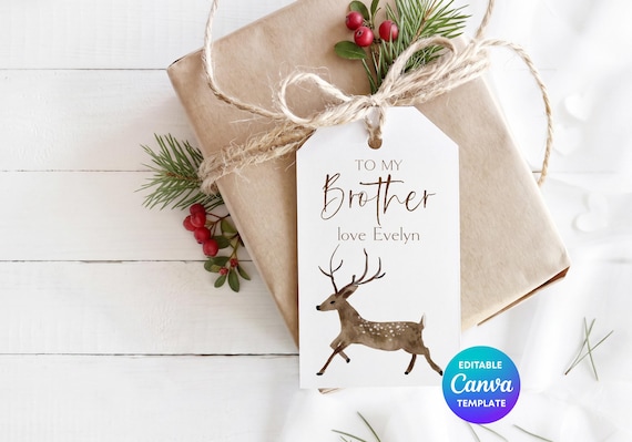 Personalised Brother Gift Tag | Young Stag Christmas Gift Tag | Custom Brother Gift Label | Woodland Deer Tag | Editable Canva Gift Tag