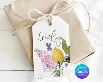 Lemon Floral Gift Tag Template | Printable Botanical Gift Tag | Editable Canva Gift Labels | Citrus Cottagecore Gift Wrap | Digital Download