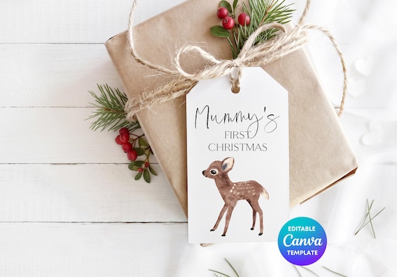 Mummy’s First Christmas Gift Tag Canva Template | Baby Fawn Gift Tag | New Mum Christmas Tag | Editable Printable Gift